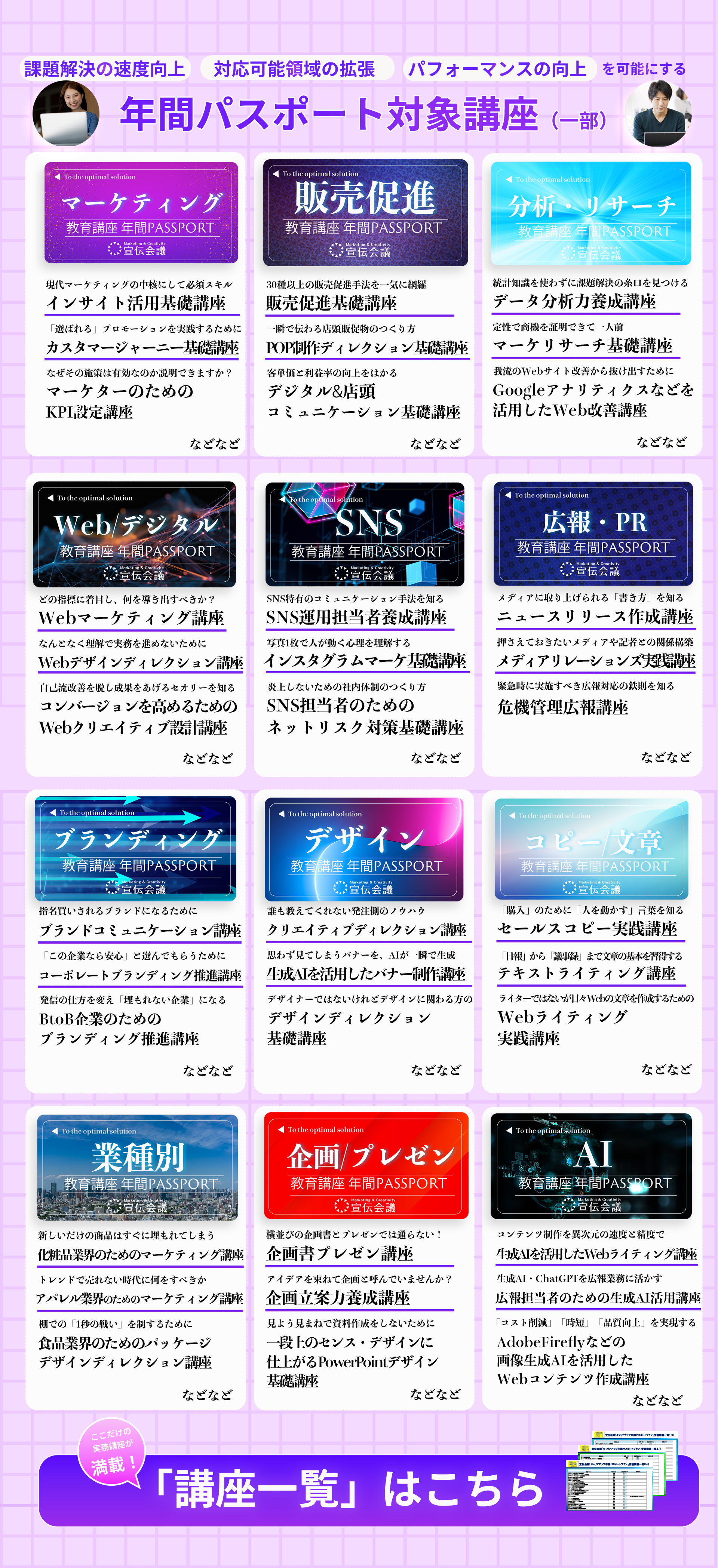 「課題解決の速度向上」「対応可能領域の拡張」「パフォーマンスの向上」を可能にする年間パスポート対象講座（一部）　「講座一覧」はこちら