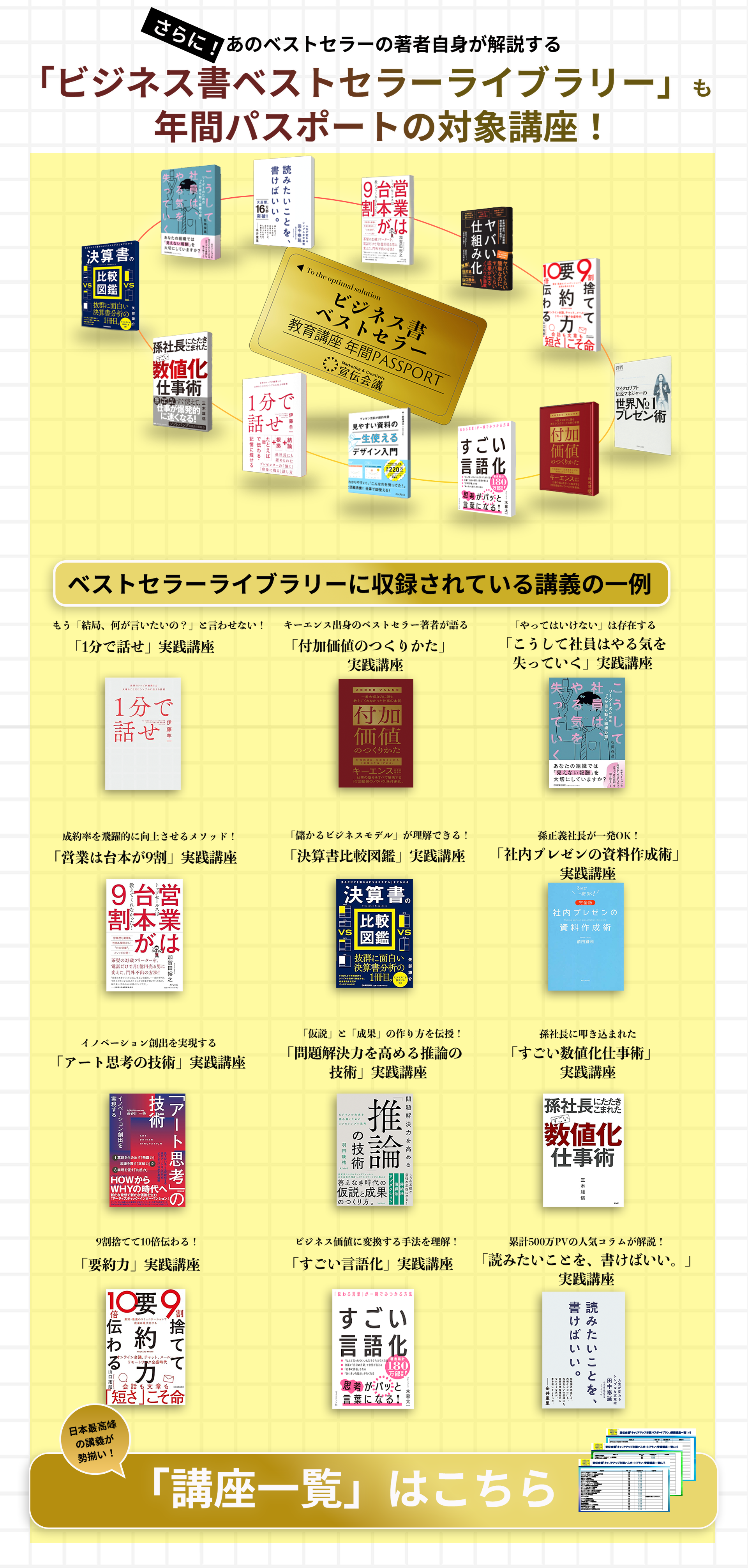 さらに！あのベストセラーの著者自身が解説する「ビジネス書ベストセラーライブラリー」も年間パスポート対象講座に（一部）　「講座一覧」はこちら
